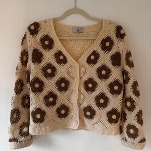 Women's Cream and Brown Floral Knit Cardigan